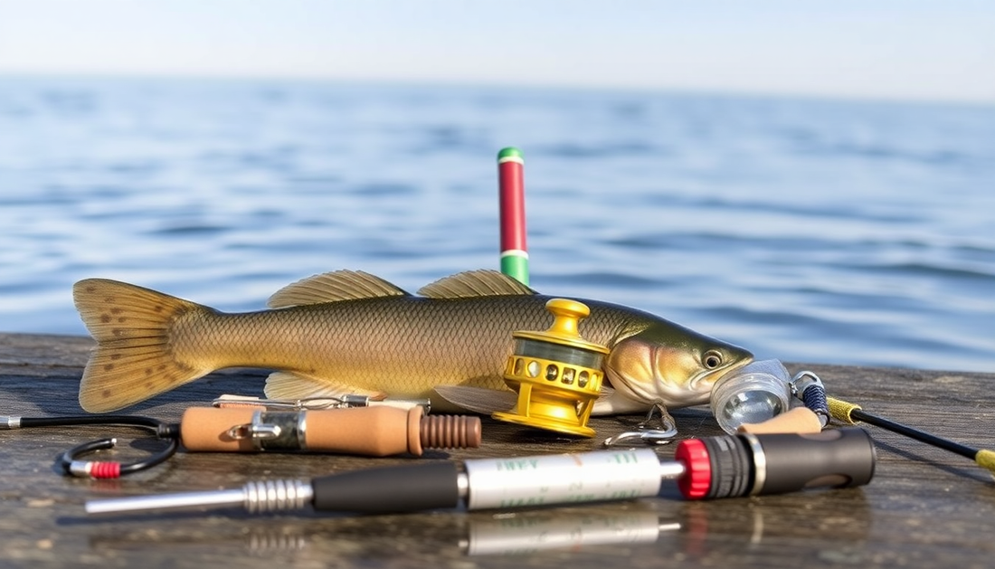 Various fishing gadgets displayed with a freshly caught fish by the water, illustrating how to choose fishing gadgets