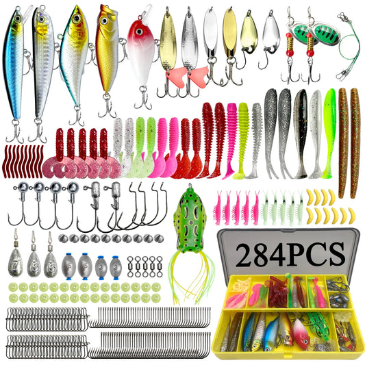 Comprehensive fishing lure kit 284 pieces featuring a variety of lures, hooks, and tackle for all fishing needs