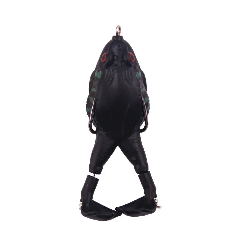 Topwater frog lure for bass fishing in black and green with red eyes and jointed legs