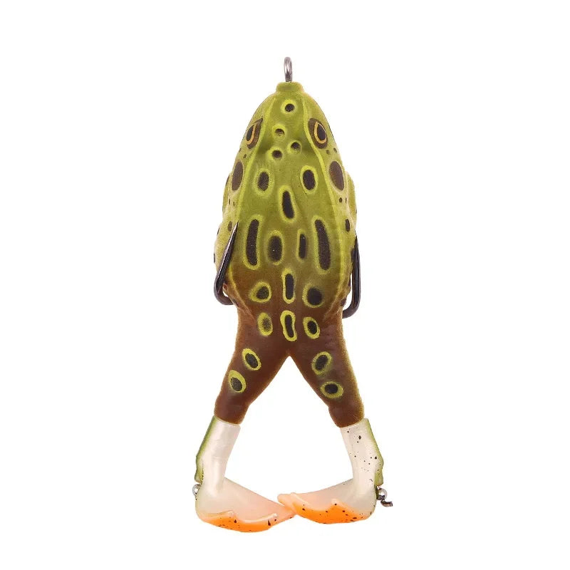 Green and brown topwater frog lure for bass fishing with realistic legs and detailed body