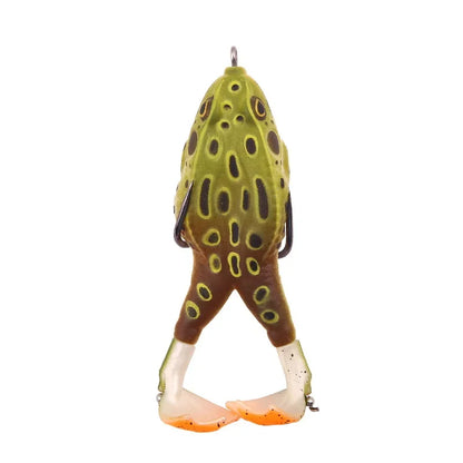 Green and brown topwater frog lure for bass fishing with realistic legs and detailed body