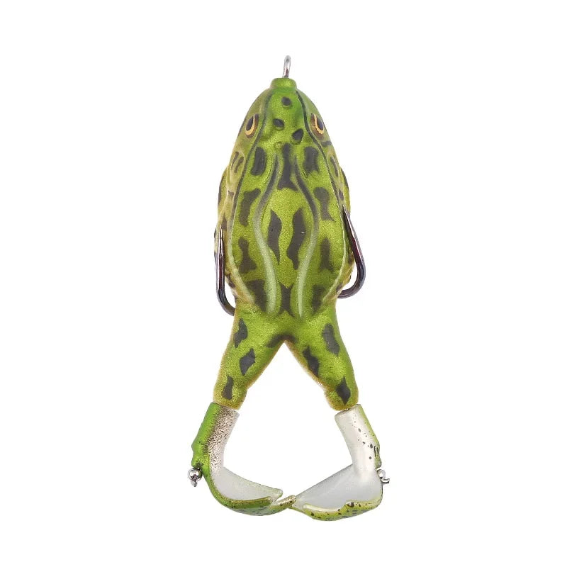 Green and black topwater frog lure for bass fishing with realistic design and double legs