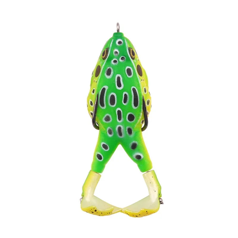 Green and yellow topwater frog lure for bass fishing with realistic frog design and detailed markings