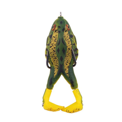 Green and yellow topwater frog lure for bass fishing with black spots and double hooks