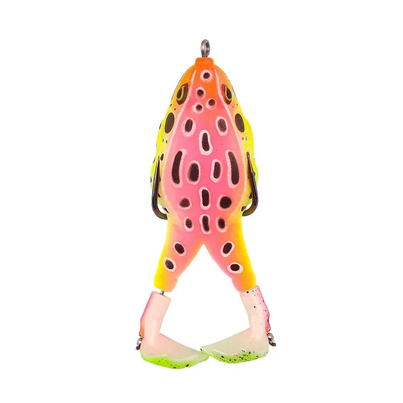 Colorful topwater frog lure for bass fishing with pink, yellow, and black spotted design