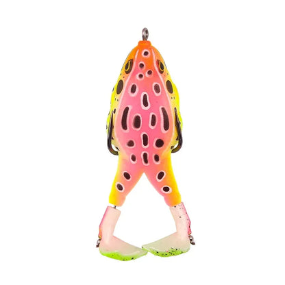 Colorful topwater frog lure for bass fishing with pink, yellow, and black spotted design
